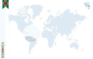 mapa del mundo azul con lupa en dominica. vector