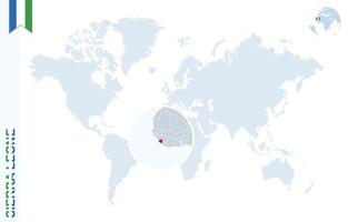 mapa del mundo azul con lupa en sierra leona. vector