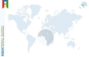 Blue world map with magnifying on Equatorial Guinea. vector
