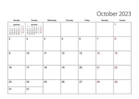 October 2023 simple calendar planner, week starts from Monday. vector