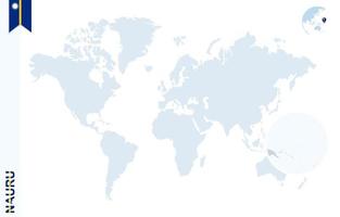 Blue world map with magnifying on Nauru. vector