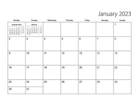 January 2023 simple calendar planner, week starts from Monday. vector