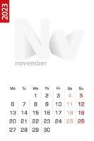 Minimalist calendar template for November 2023, vector calendar in English.