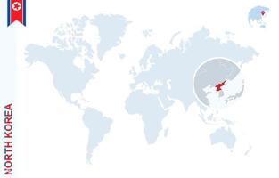 mapa del mundo azul con lupa en corea del norte. vector