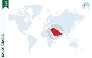 mapa del mundo azul con lupa en arabia saudita. vector