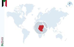 Blue world map with magnifying on Sudan. vector