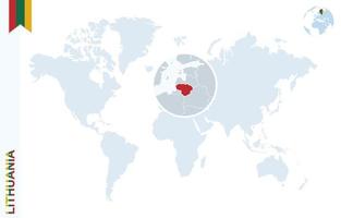 Blue world map with magnifying on Lithuania. vector