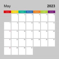 Calendar page for May 2023, wall planner with colorful design. Week starts on Sunday. vector