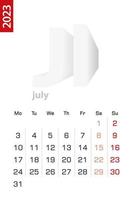 Minimalist calendar template for July 2023, vector calendar in English.