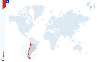 Blue world map with magnifying on Chile. vector