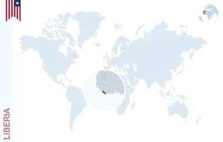 mapa del mundo azul con lupa en liberia. vector