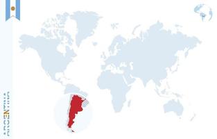 mapa del mundo azul con lupa en argentina. vector