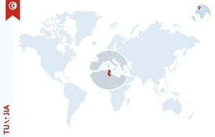 Blue world map with magnifying on Tunisia. vector