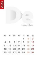 Minimalist calendar template for December 2023, vector calendar in English.