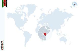 Blue world map with magnifying on Kenya. vector