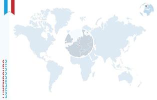 Blue world map with magnifying on Luxembourg. vector