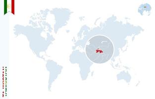 Blue world map with magnifying on Tajikistan. vector