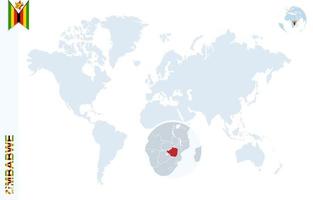 Blue world map with magnifying on Zimbabwe. vector