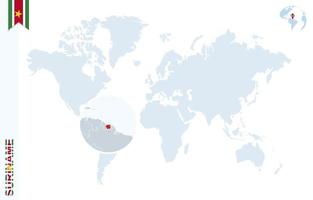 mapa del mundo azul con lupa en Surinam. vector