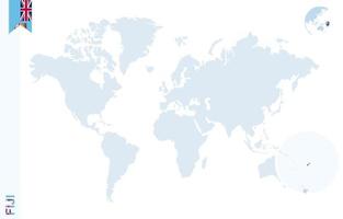 Blue world map with magnifying on Fiji. vector