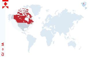 Blue world map with magnifying on Canada. vector