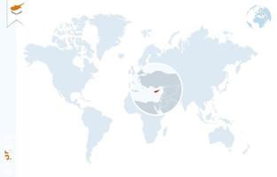 Blue world map with magnifying on Cyprus. vector