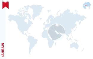 Blue world map with magnifying on Bahrain. vector