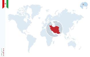 mapa del mundo azul con lupa en irán. vector