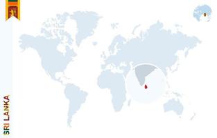 Blue world map with magnifying on Sri Lanka. vector