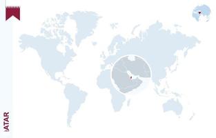 Blue world map with magnifying on Qatar. vector