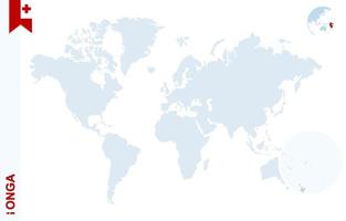 Blue world map with magnifying on Tonga. vector