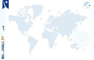 Blue world map with magnifying on Marshall Islands. vector