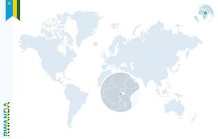 Blue world map with magnifying on Rwanda. vector