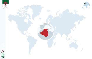 mapa del mundo azul con lupa en Argelia. vector