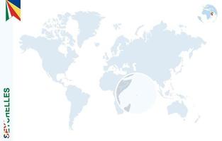 Blue world map with magnifying on Seychelles. vector