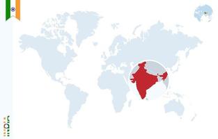 mapa del mundo azul con lupa en india. vector