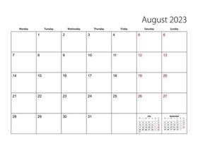 August 2023 simple calendar planner, week starts from Monday. vector