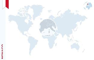 Blue world map with magnifying on Monaco. vector