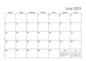 June 2023 simple calendar planner, week starts from Monday. vector