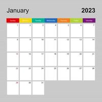 página de calendario para enero de 2023, planificador de paredes con diseño colorido. semana comienza el domingo. vector