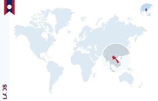 mapa del mundo azul con lupa en laos. vector