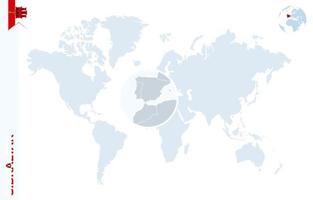 Blue world map with magnifying on Gibraltar. vector