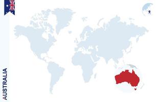 mapa del mundo azul con lupa en australia. vector