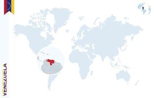 mapa del mundo azul con lupa en venezuela. vector