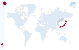 mapa del mundo azul con lupa en japón. vector