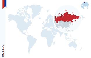 mapa del mundo azul con lupa en rusia. vector