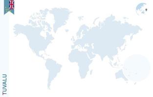 Blue world map with magnifying on Tuvalu. vector