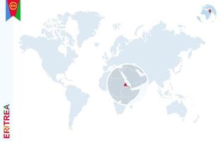 mapa del mundo azul con lupa en eritrea. vector