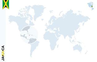 mapa del mundo azul con lupa en jamaica. vector