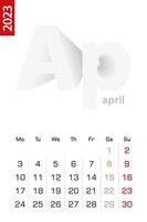 Minimalist calendar template for April 2023, vector calendar in English.